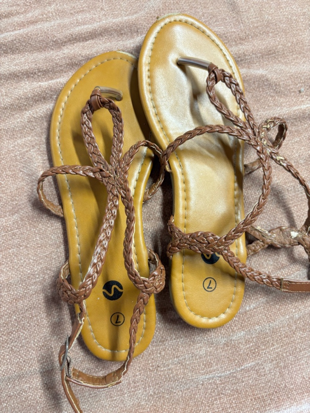 Braided Strappy Flat Sandals in Brown